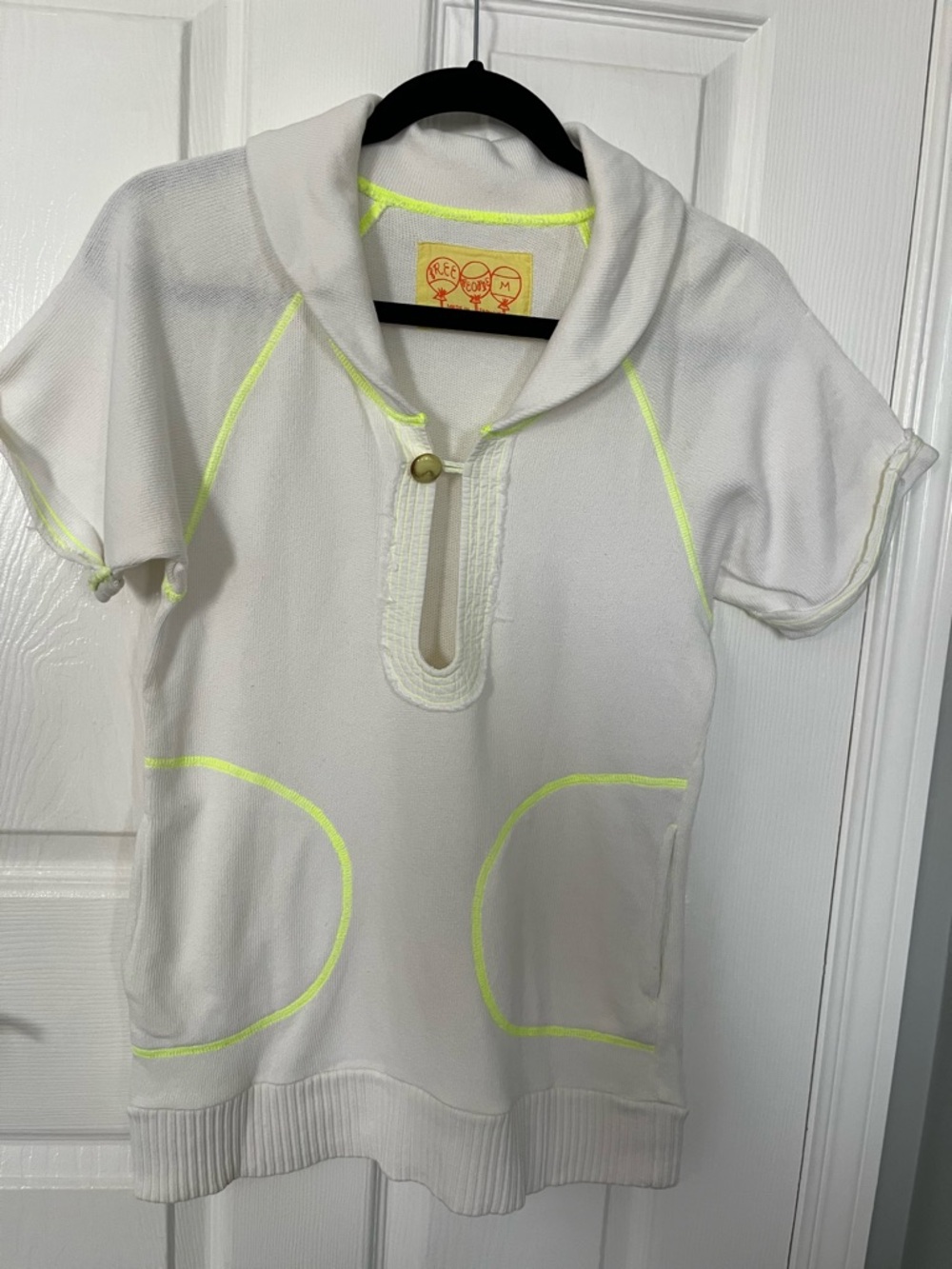 Free People White Short-Sleeve Hooded Pullover with Neon Yellow Trim size M